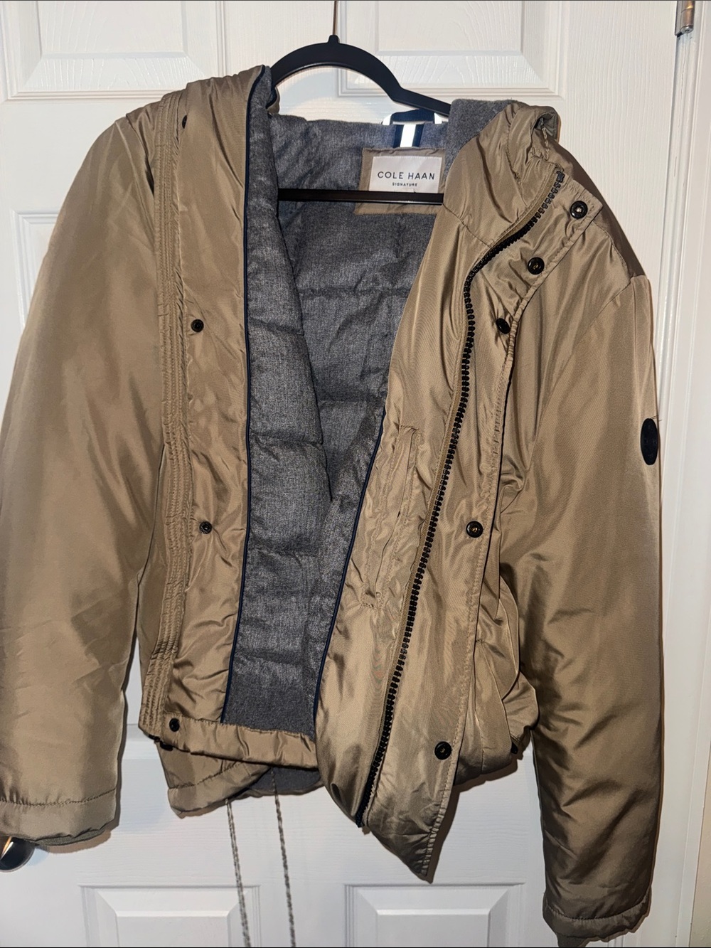 Cole Haan Men's Tan Hooded Puffer Jacket with Gray Lining